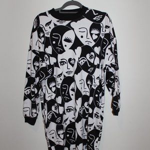 Monki Long Sleeve All Over Face Print Midi Dress
